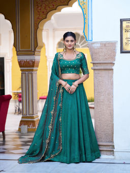 LooknBook Art - Women Blue Silk Thread Work Stitched Lehenga and Unstitched Blouse with Dupatta
