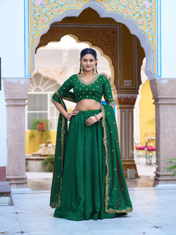 LooknBook Art - Women Green Silk Thread Work Stitched Lehenga and Unstitched Blouse with Dupatta