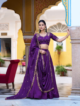 LooknBook Art - Women Purple Silk Thread Work Stitched Lehenga and Unstitched Blouse with Dupatta