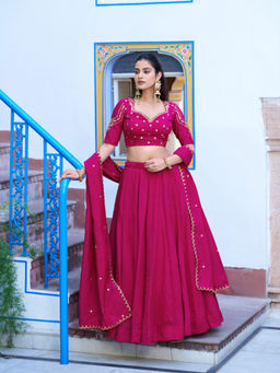 LooknBook Art - Women Pink Silk Thread Work Stitched Lehenga and Unstitched Blouse with Dupatta