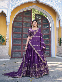 LooknBook Art - Women Purple Georgette Gota Stitched Lehenga and Unstitched Blouse with Dupatta