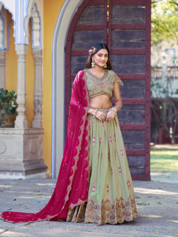 LooknBook Art - Women Green Georgette Gota Stitched Lehenga and Unstitched Blouse with Dupatta