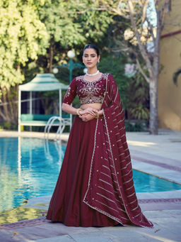 LooknBook Art - Women Maroon Silk Zari Stitched Lehenga and Unstitched Blouse with Dupatta