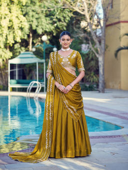 LooknBook Art - Women Mustard Silk Zari Stitched Lehenga and Unstitched Blouse with Dupatta