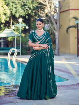 LooknBook Art - Women Green Silk Zari Stitched Lehenga and Unstitched Blouse with Dupatta