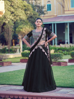 LooknBook Art - Black Georgette Embroidered Stitched Lehenga and Unstitched Blouse with Dupatta