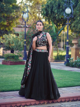 LooknBook Art - Women Black Silk Thread Work Stitched Lehenga and Unstitched Blouse with Dupatta