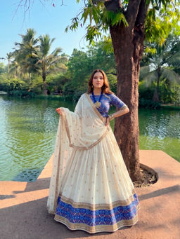 LooknBook Art - Off White Poly Silk Lace Work Stitched Lehenga and Unstitched Blouse with Dupatta
