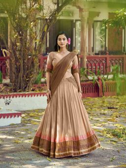 LooknBook Art - Women Cream Cotton/Lycra Zari Stitched Lehenga and Unstitched Blouse with Dupatta