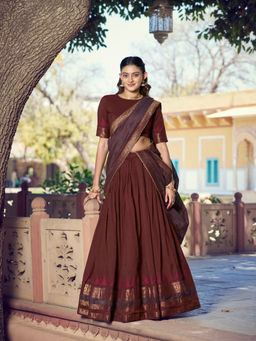 LooknBook Art - Women Maroon Cotton/Lycra Zari Stitched Lehenga and Unstitched Blouse with Dupatta