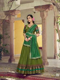 LooknBook Art - Women Green Cotton/Lycra Zari Stitched Lehenga and Unstitched Blouse with Dupatta