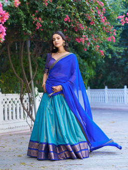 LooknBook Art - Women Blue Silk Zari Stitched Lehenga and Unstitched Blouse with Dupatta