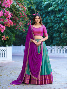 LooknBook Art - Women Green Silk Zari Stitched Lehenga and Unstitched Blouse with Dupatta