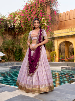 LooknBook Art - Women Purple Poly Silk Zari Stitched Lehenga and Unstitched Blouse with Dupatta