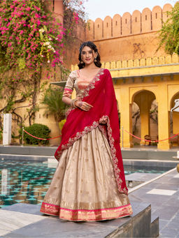 LooknBook Art - Women Red Poly Silk Zari Stitched Lehenga and Unstitched Blouse with Dupatta