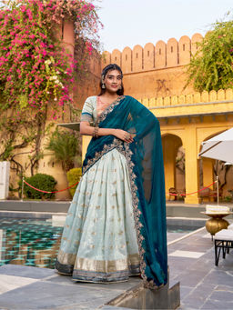 LooknBook Art - Women Green Poly Silk Zari Stitched Lehenga and Unstitched Blouse with Dupatta