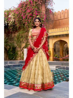 LooknBook Art - Women Red Poly Silk Zari Stitched Lehenga and Unstitched Blouse with Dupatta