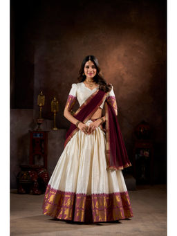 LooknBook Art - Women Wine Poly Silk Zari Stitched Lehenga and Unstitched Blouse with Dupatta
