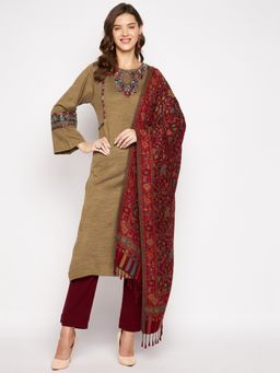 ZIGO - Womens Brown Embroidered Full Sleeve Kurta Pants with Stole (Set of 3)