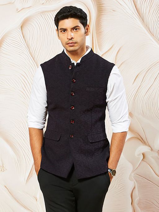 Vastramay Men's Silk Blend Emboss Fabric Nehru Jacket