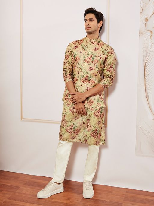 Vastramay Men Silk Blend Floral Printed Kurta with Trouser and Nehru Jacket (Set of 3)