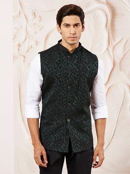 Vastramay - Men Green Silk Blend Jacquard Woven Nehru Jacket