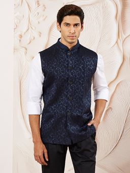 Vastramay - Men Navy Blue Silk Blend Jacquard Woven Nehru Jacket