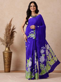 Navyasa By Liva - Women Blue Liva Floral Saree with Unstitched Blouse