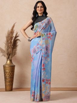 Navyasa By Liva - Women Blue Liva Floral Saree with Unstitched Blouse