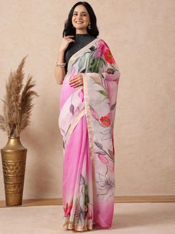 Navyasa By Liva - Women Pink Liva Floral Saree with Unstitched Blouse