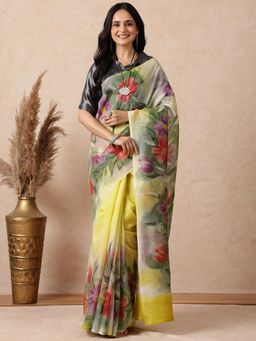 Navyasa By Liva - Women Yellow Liva Floral Saree with Unstitched Blouse