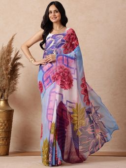 Navyasa By Liva - Women Blue Liva Floral Saree with Unstitched Blouse