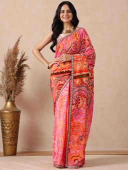 Navyasa By Liva - Women Pink Liva Floral Saree with Unstitched Blouse