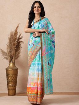 Navyasa By Liva - Women Blue Liva Geometric Saree with Unstitched Blouse