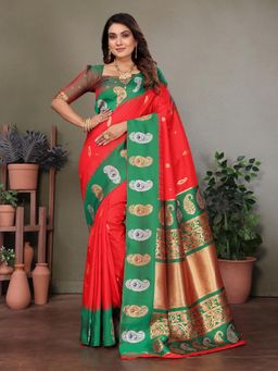 Elora - Women Red Silk Paisley Saree with Unstitched Blouse