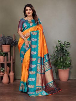 Elora - Women Orange Silk Paisley Saree with Unstitched Blouse