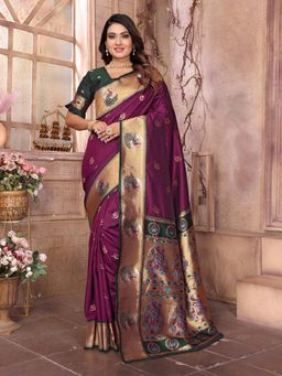 Elora - Women Maroon Silk Woven Saree with Unstitched Blouse