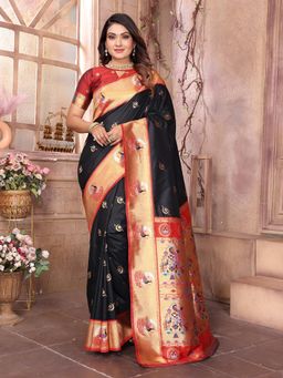 Elora - Women Black Silk Woven Saree with Unstitched Blouse