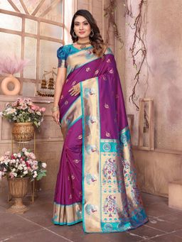 Elora - Women Wine Silk Woven Saree with Unstitched Blouse