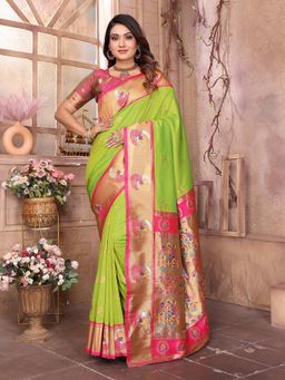 Elora - Women Green Silk Woven Saree with Unstitched Blouse