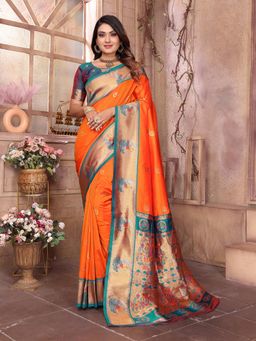 Elora - Women Orange Silk Woven Saree with Unstitched Blouse