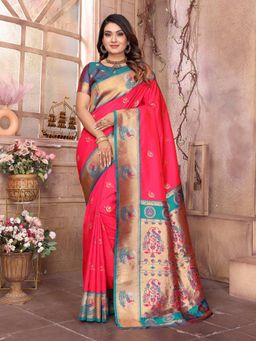 Elora - Women Pink Silk Woven Saree with Unstitched Blouse