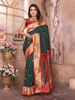 Elora - Women Green Silk Woven Saree with Unstitched Blouse