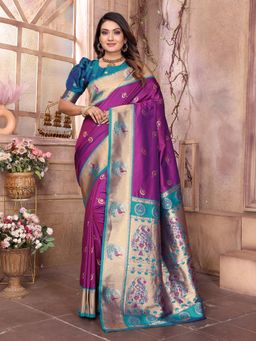 Elora - Women Purple Silk Woven Saree with Unstitched Blouse
