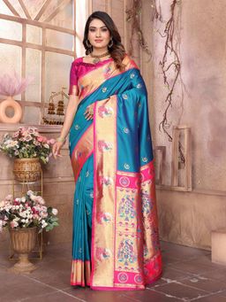 Elora - Women Blue Silk Woven Saree with Unstitched Blouse