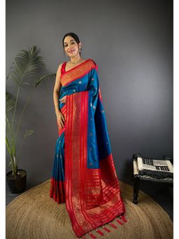 Elora - Women Blue Silk Woven Saree with Unstitched Blouse