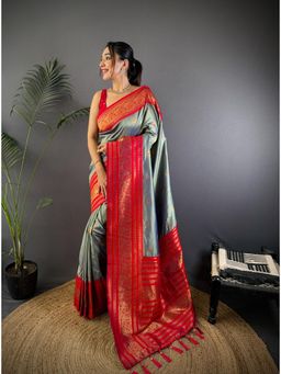 Elora - Women Grey Silk Woven Saree with Unstitched Blouse