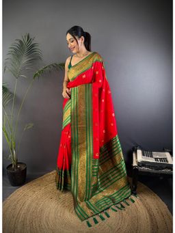 Elora - Women Red Silk Woven Saree with Unstitched Blouse