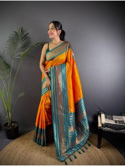 Elora - Women Orange Silk Woven Saree with Unstitched Blouse