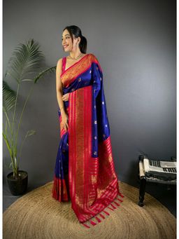 Elora - Women Navy Blue Silk Woven Saree with Unstitched Blouse
